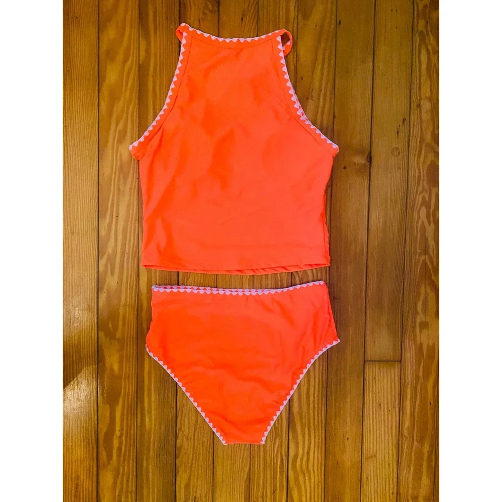 Beachsissi Womens Neon Orange Scallop Trim High Neck High Waist Bikini Set Small